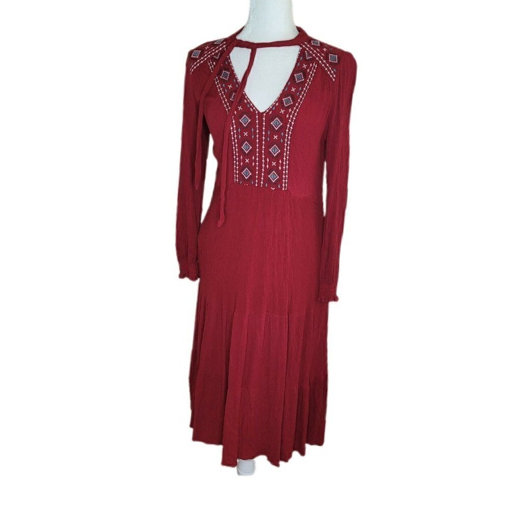 Knox Rose Red Tie-Neck Boho Style Embroidered Maxi Dress Size Small